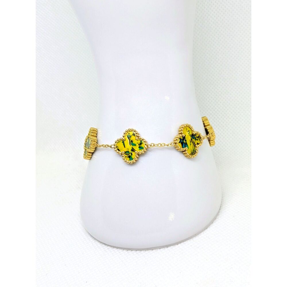 Gold Stainless Steel Yellow Marbled Women's Clover Bracelet 6-8 inch adjustable